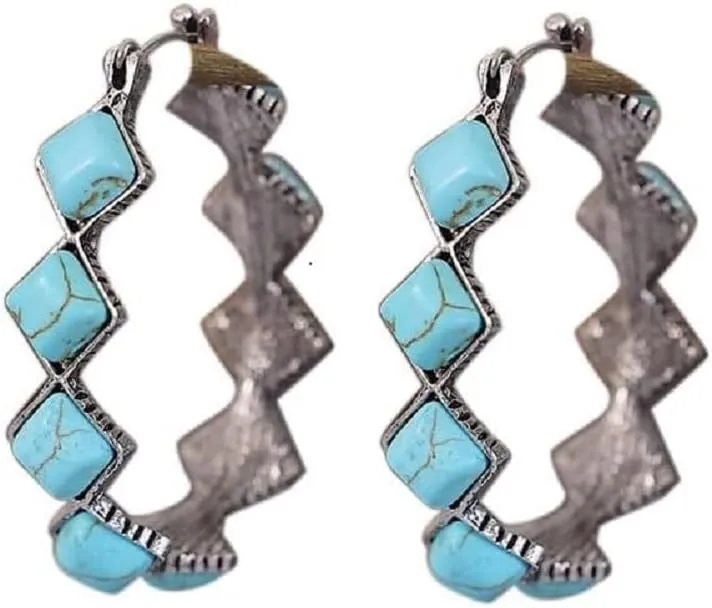 Boho Turquoise Oval Drop Dangle Earrings for Women Beaded Western Large Oval C Shape Hoop Earrings Vintage Statement Ethnic Alloy Pendant Jewelry Gift -Style 7