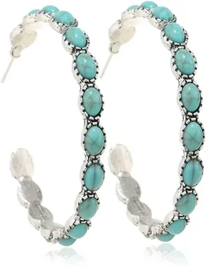 Boho Turquoise Oval Drop Dangle Earrings for Women Beaded Western Large Oval C Shape Hoop Earrings Vintage Statement Ethnic Alloy Pendant Jewelry Gift