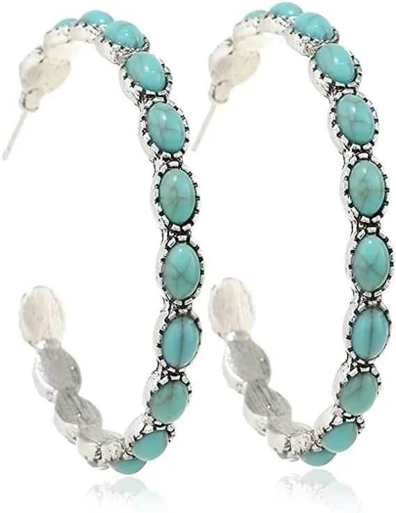 Boho Turquoise Oval Drop Dangle Earrings for Women Beaded Western Large Oval C Shape Hoop Earrings Vintage Statement Ethnic Alloy Pendant Jewelry Gift