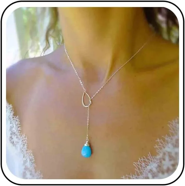 Boho Turquoise Y Necklace Silver Circle Teardrop Necklace Choker Blue Gemstone Lariat Necklace Vintage Gem Drop Necklace Jewelry for Women