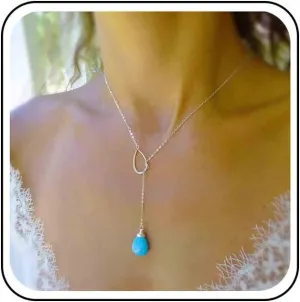 Boho Turquoise Y Necklace Silver Circle Teardrop Necklace Choker Blue Gemstone Lariat Necklace Vintage Gem Drop Necklace Jewelry for Women
