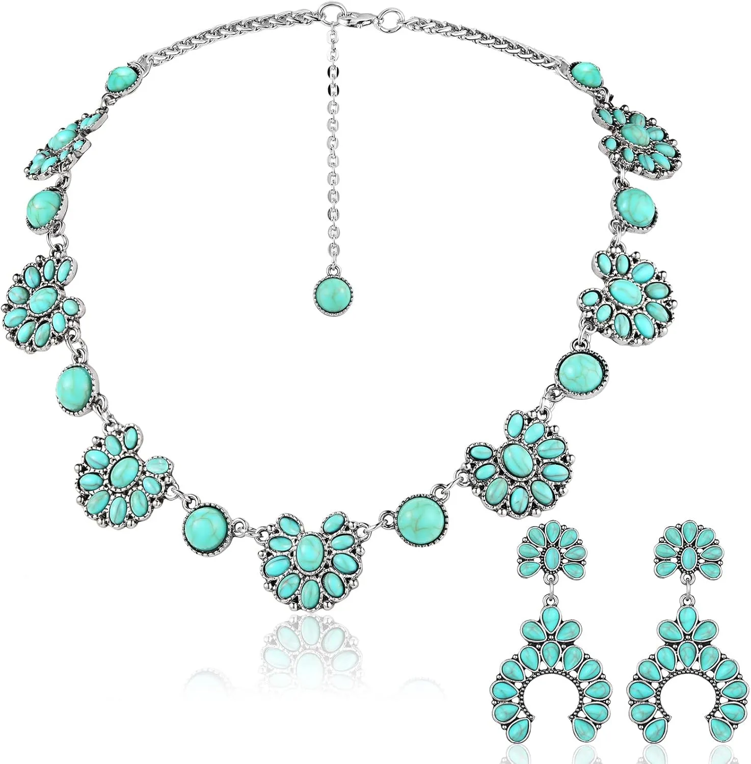 Bonuci Women Necklace Set Long Turquoise Beads Endless Vintage Jewelry Simulated Collar Western Necklace Cute Turquoise Jewelry Earring Accessories