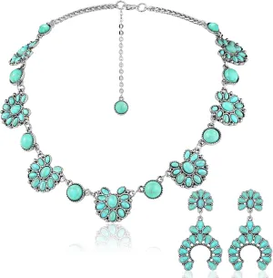 Bonuci Women Necklace Set Long Turquoise Beads Endless Vintage Jewelry Simulated Collar Western Necklace Cute Turquoise Jewelry Earring Accessories