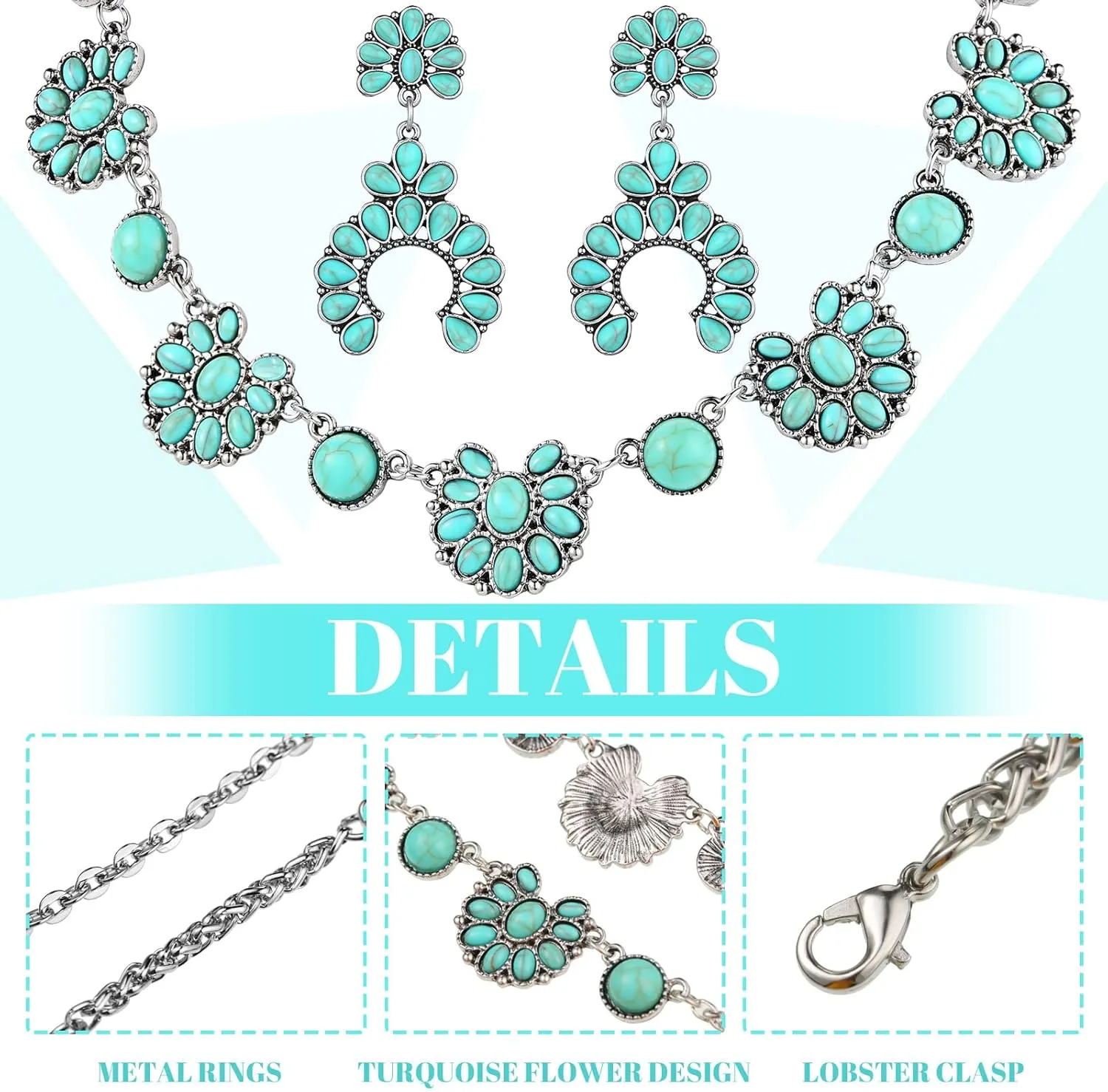 Bonuci Women Necklace Set Long Turquoise Beads Endless Vintage Jewelry Simulated Collar Western Necklace Cute Turquoise Jewelry Earring Accessories