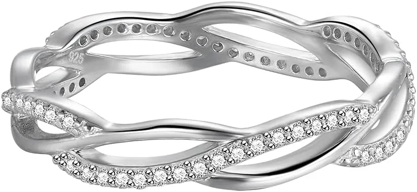 BORUO 925 Sterling Silver Ring, Twisted Infinity Celtic Knot Cubic Zirconia CZ Wedding Band Stackable Ring Size 4-12