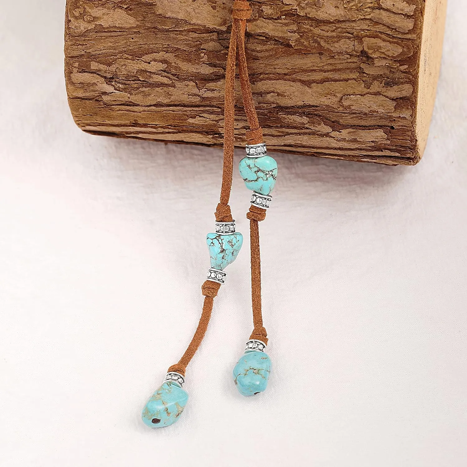 CANEVINKA Suede Turquoise Necklace for Women Handmade Y-Shape Bohemain Vintage Pendant Jewelry Lariat