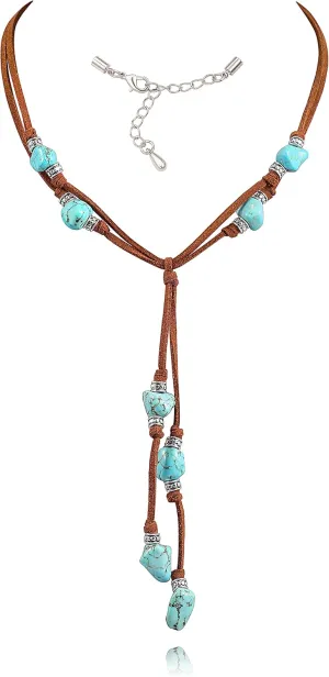 CANEVINKA Suede Turquoise Necklace for Women Handmade Y-Shape Bohemain Vintage Pendant Jewelry Lariat