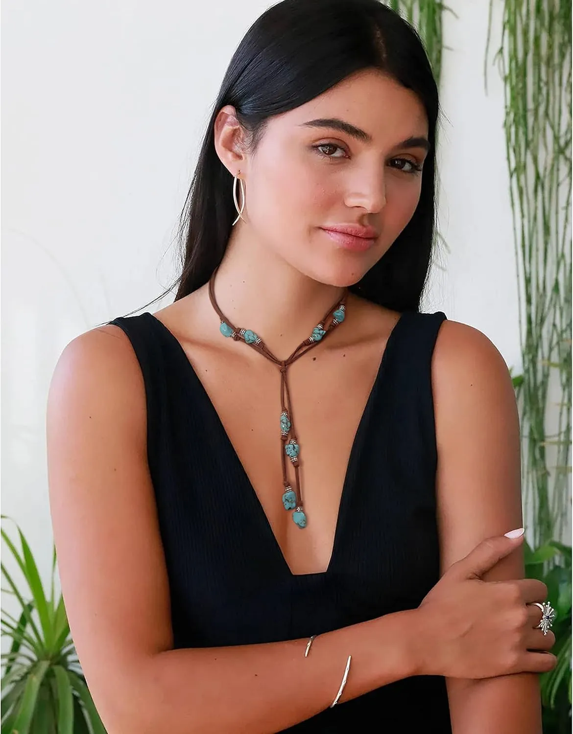 CANEVINKA Suede Turquoise Necklace for Women Handmade Y-Shape Bohemain Vintage Pendant Jewelry Lariat