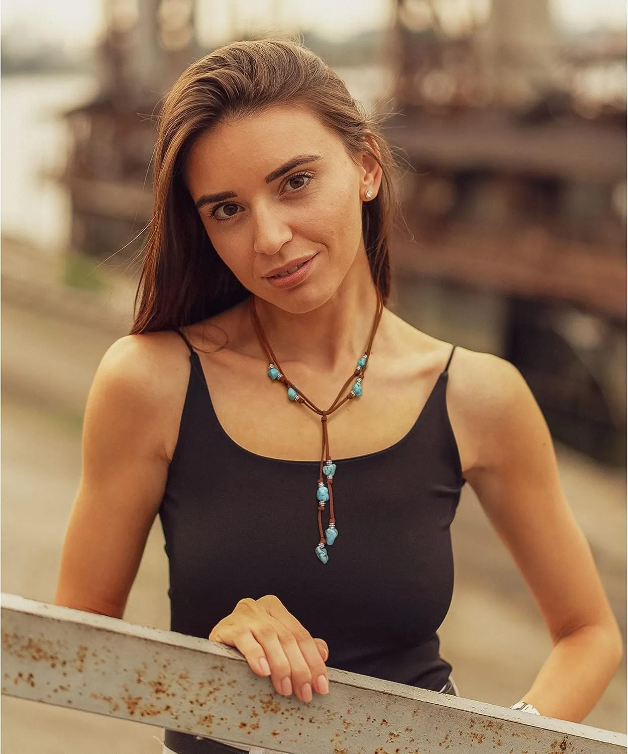 CANEVINKA Suede Turquoise Necklace for Women Handmade Y-Shape Bohemain Vintage Pendant Jewelry Lariat