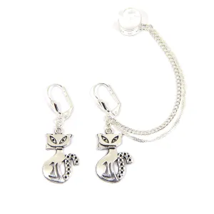 Cat ear cuff earrings Handmade silver cats earrings Fake cartilage cuffs Bohemian dangling ear wrap Double chained cuff jewellery gift Pet ear climber