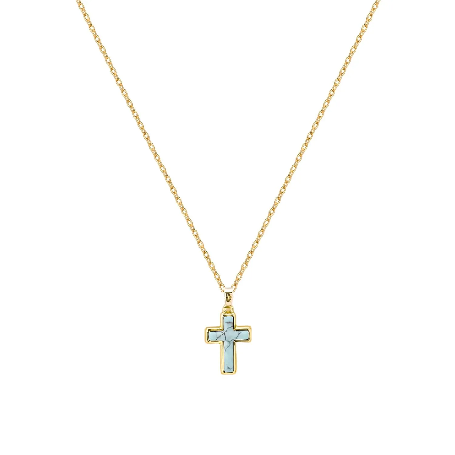 Christian Gifts - Genuine Turquoise Cross Gold Necklace Faith Rosary Religious Catholic Birthstone Christian Gothic Crucifix Westren Country Summer Jewelry