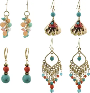 COIRIS 4 Pairs Earring Set for Women Olive Green Fringe Dangle Pendant Earrings/Hoop Beaded Earrings