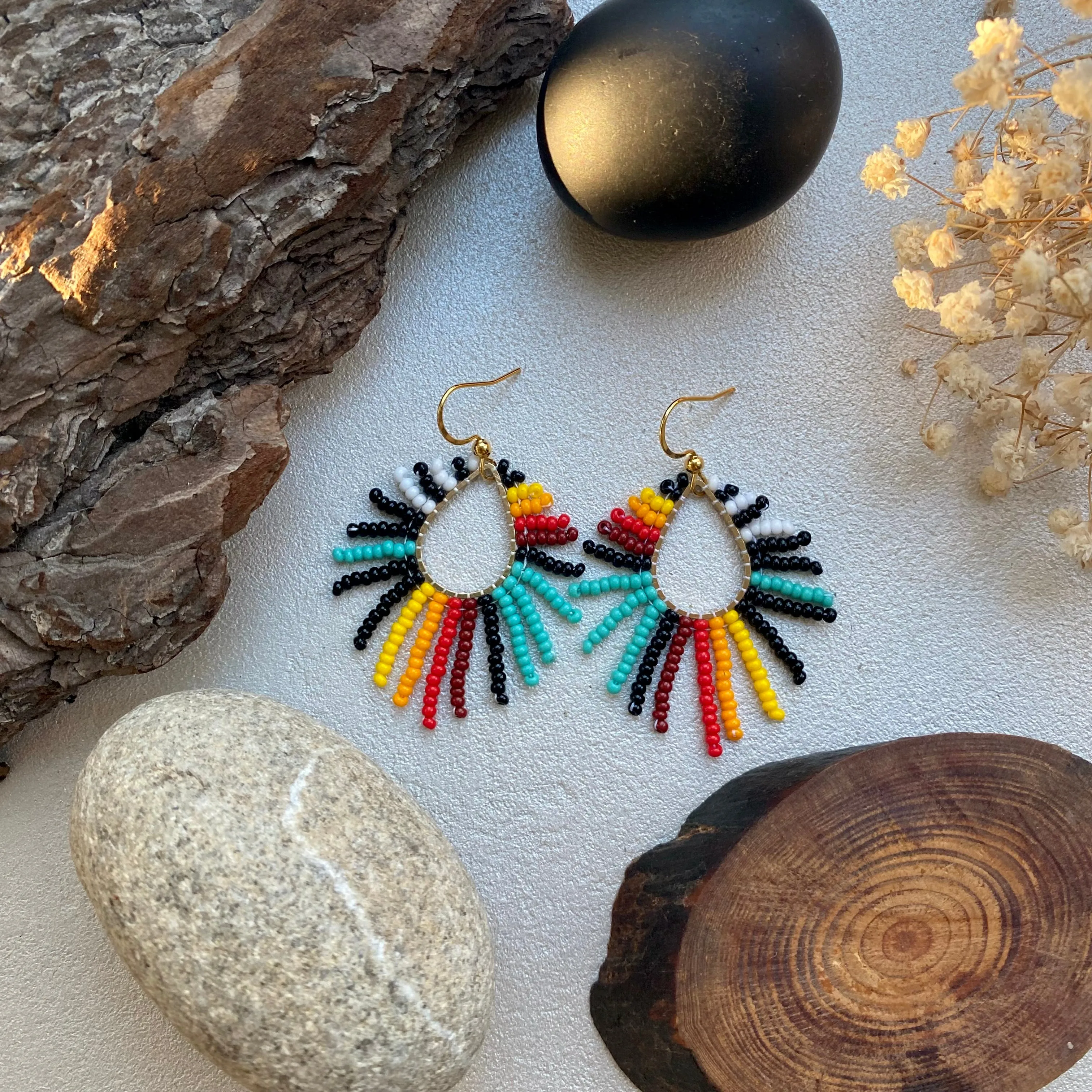 Colorful Fringe Seed Bead Earrings, Rainbow Hippie Boho Earrings for Women, Indigenous style Earrings Native inspired