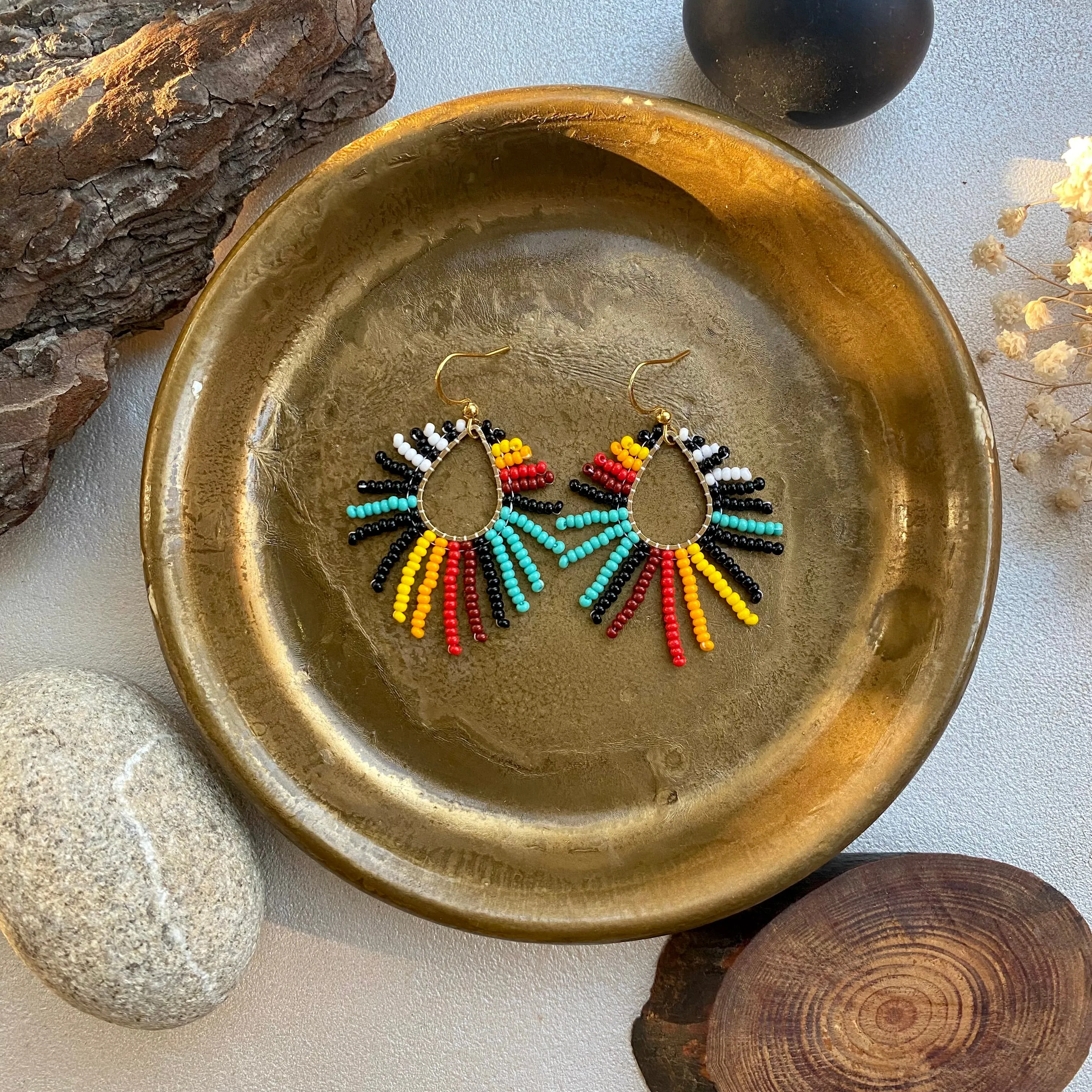 Colorful Fringe Seed Bead Earrings, Rainbow Hippie Boho Earrings for Women, Indigenous style Earrings Native inspired