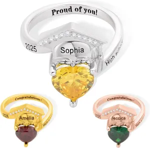 Custom Class Ring with Graduation Cap for Women Men Graduation Hat Ring with Birthstone for Her 2025 Silver Gold Junior Grad Ring Personalized Engraved High School University College Rings
