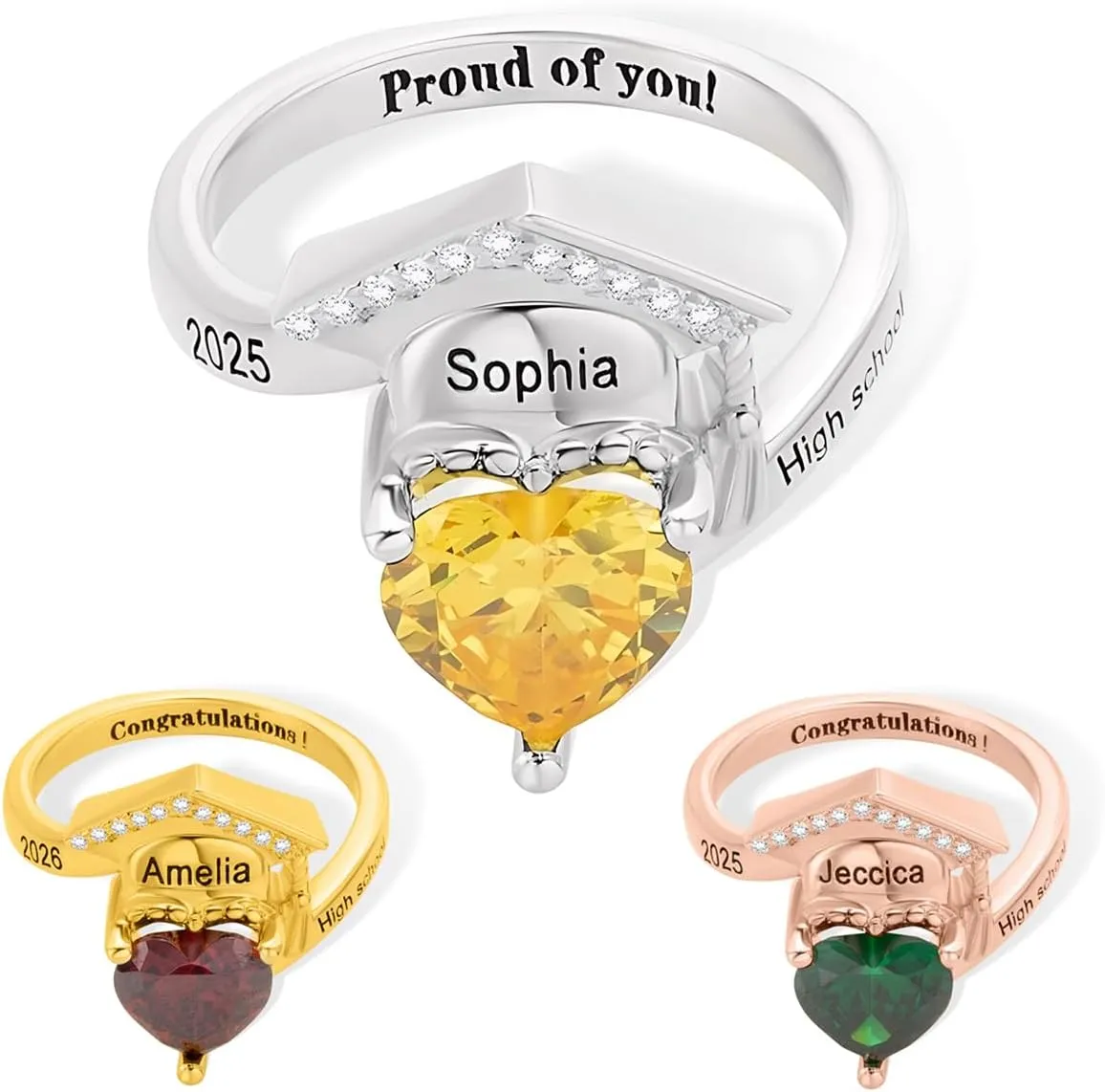 Custom Class Ring with Graduation Cap for Women Men Graduation Hat Ring with Birthstone for Her 2025 Silver Gold Junior Grad Ring Personalized Engraved High School University College Rings
