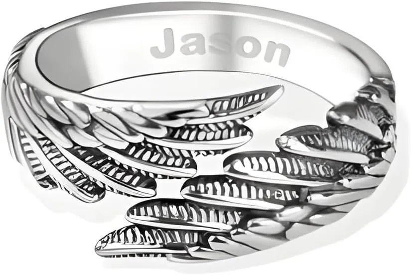 Custom Name Angel Wing Ring Sterling Silver Ring Guardian Angel Ring Gift for Her Adjustable Ring Memorial Ring with Wings Statement Ring for Women Personalized Engraved Angel Wings Ring