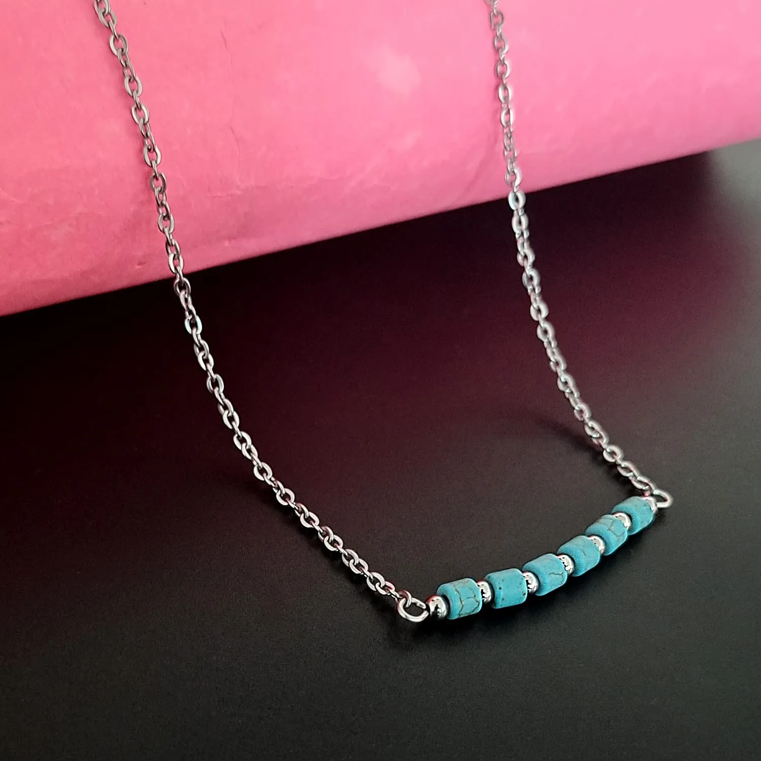 Dainty Turquoise Black Agate Beads Bar Necklace for Women Chain Choker Handmade Gemstone Jewelry for Mother's Day, Birthday Gift (4mm Turquoise Tube beads)
