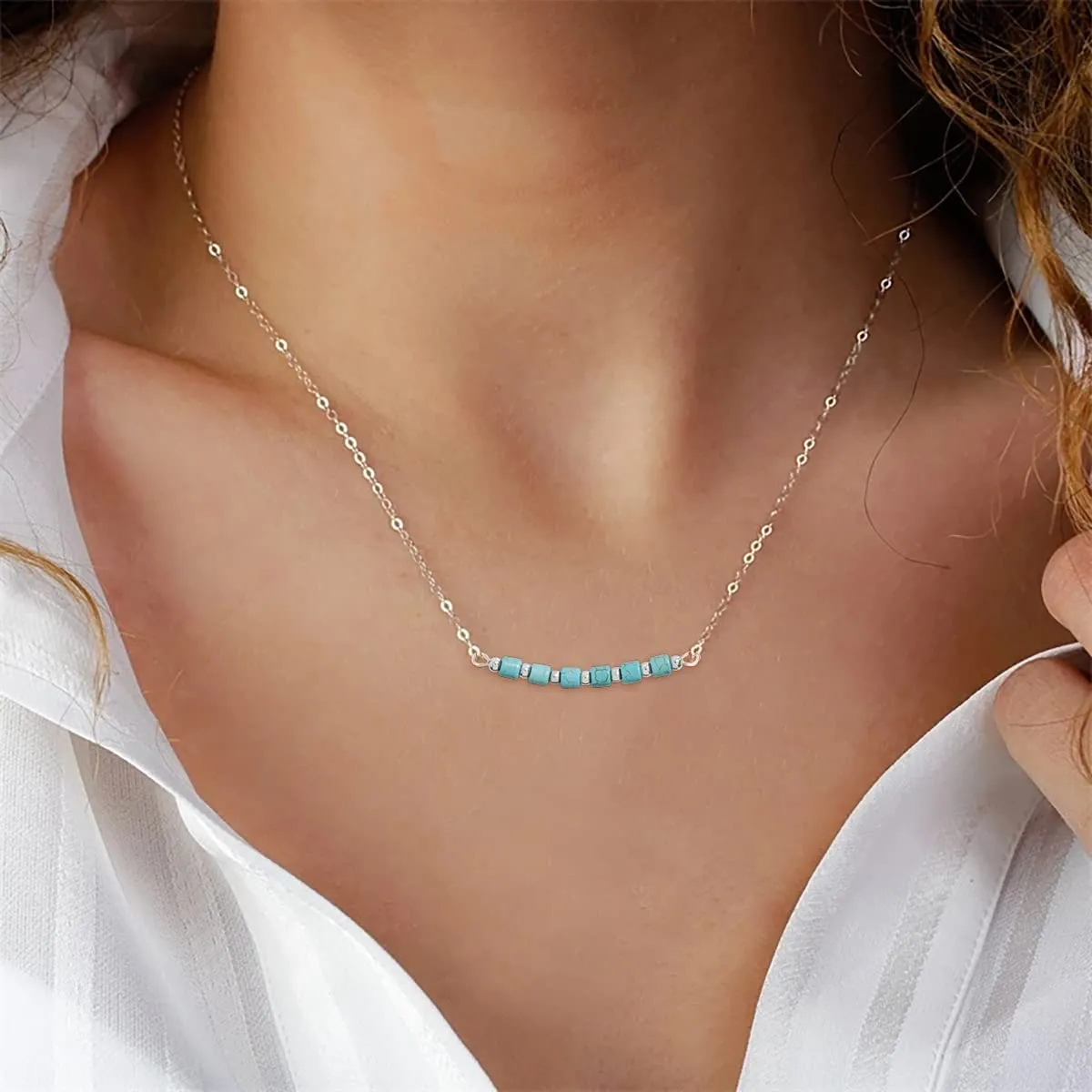 Dainty Turquoise Black Agate Beads Bar Necklace for Women Chain Choker Handmade Gemstone Jewelry for Mother's Day, Birthday Gift (4mm Turquoise Tube beads)
