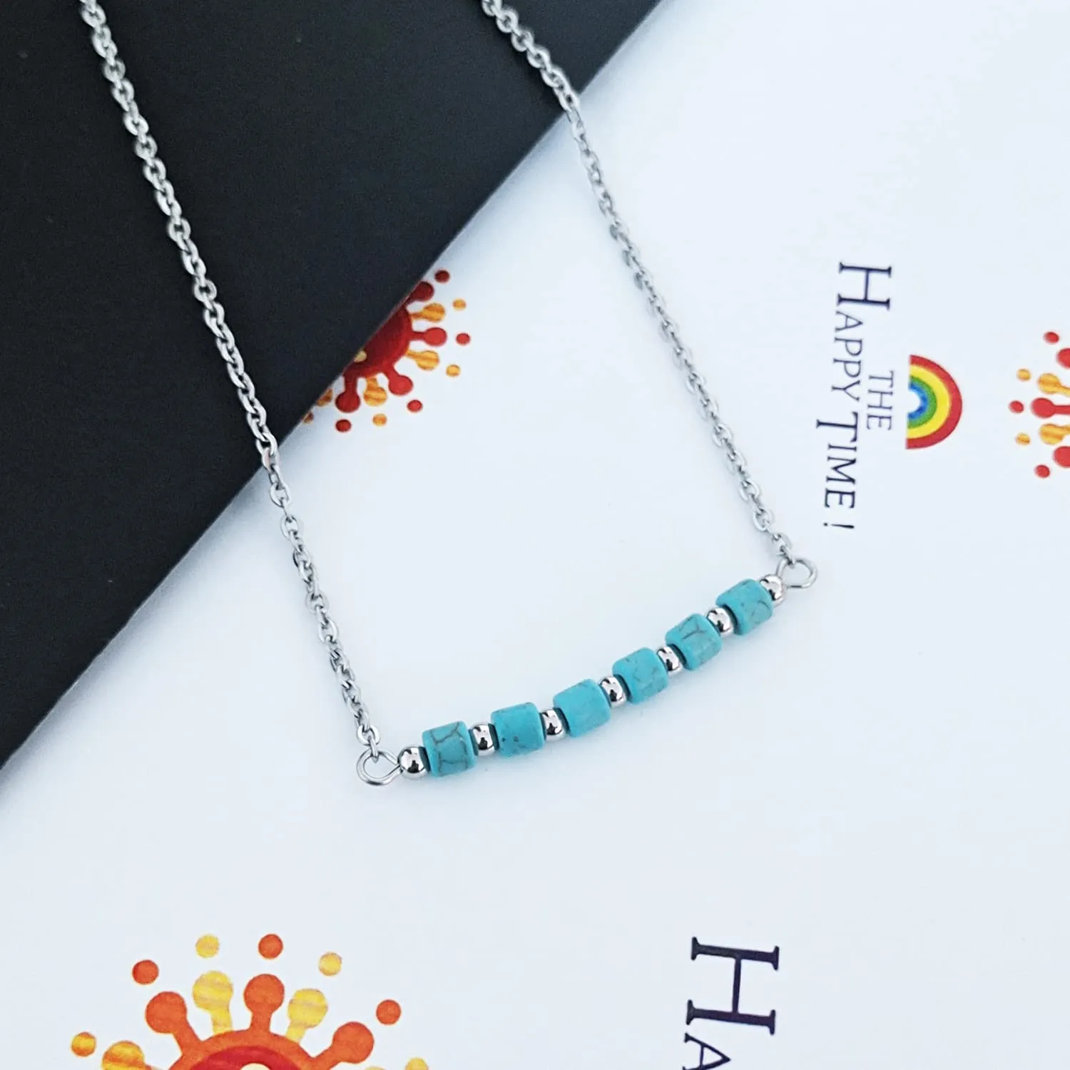 Dainty Turquoise Black Agate Beads Bar Necklace for Women Chain Choker Handmade Gemstone Jewelry for Mother's Day, Birthday Gift (4mm Turquoise Tube beads)