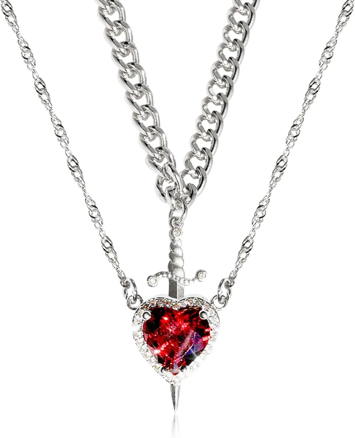 DONDO'S Heart Sword Necklace for Couples with Cubic Zirconia-18K Gold Plated Stainless Steel-Sword through Heart Pendant Necklace Matching Set for Women & Men