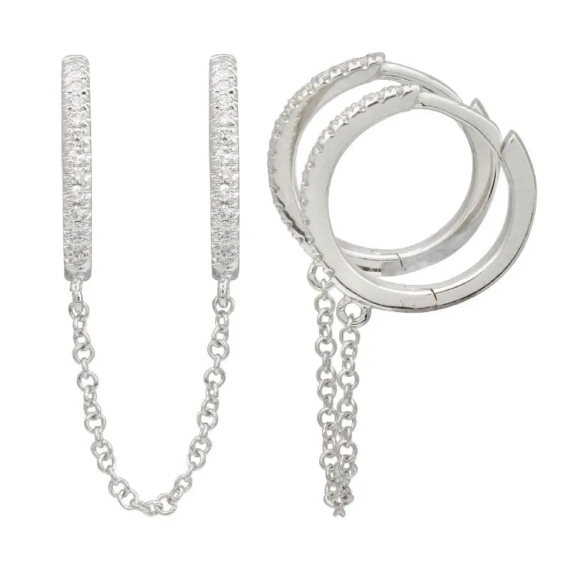 Double Huggie Diamond Chain Earrings