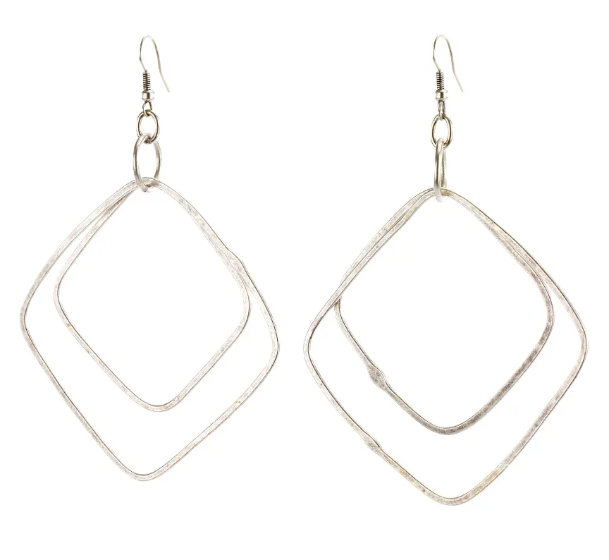 Double Square Drop Silver Earrings