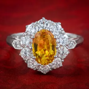 Edwardian Style Yellow Sapphire Diamond Cluster Ring 1.6ct Sapphire