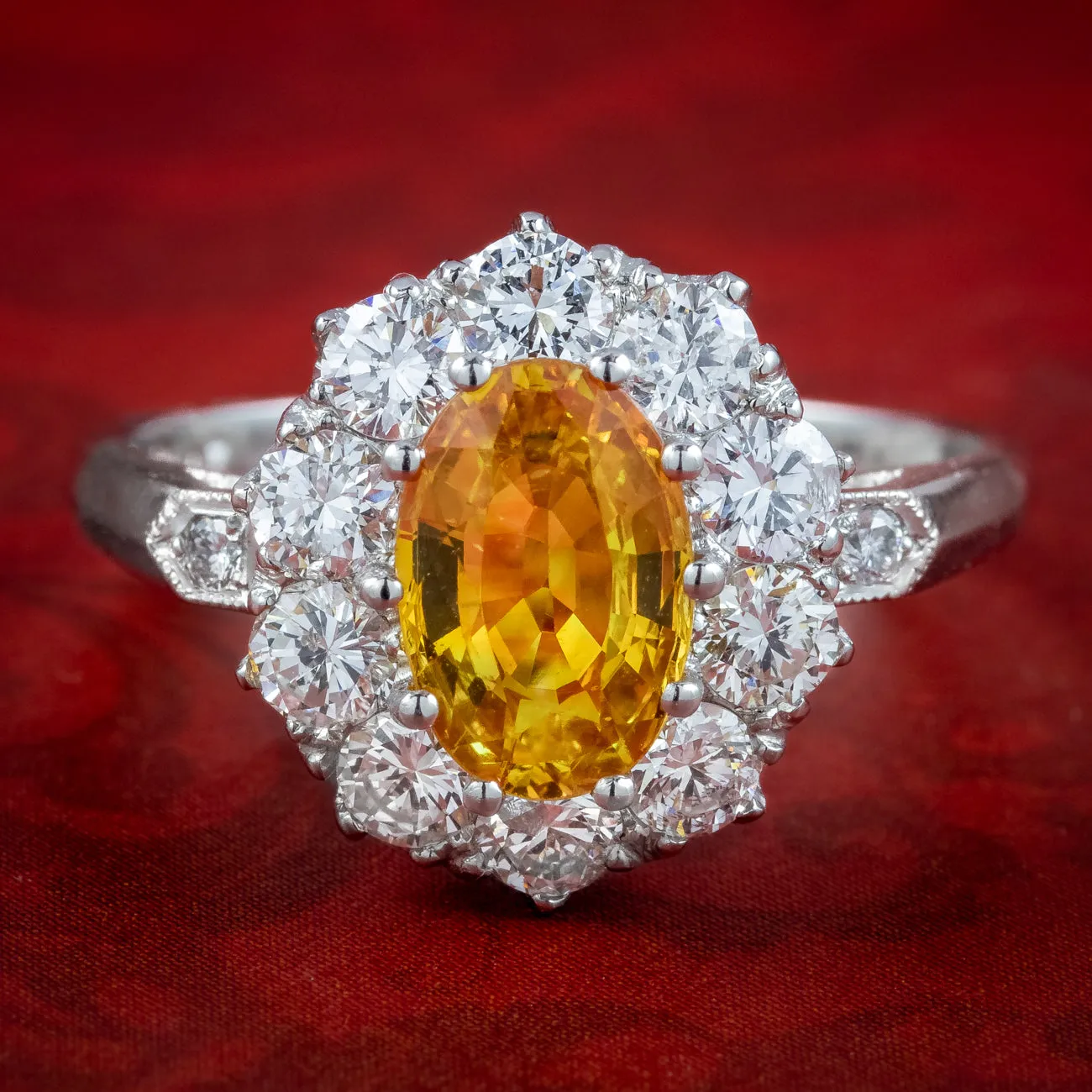 Edwardian Style Yellow Sapphire Diamond Cluster Ring 1.6ct Sapphire