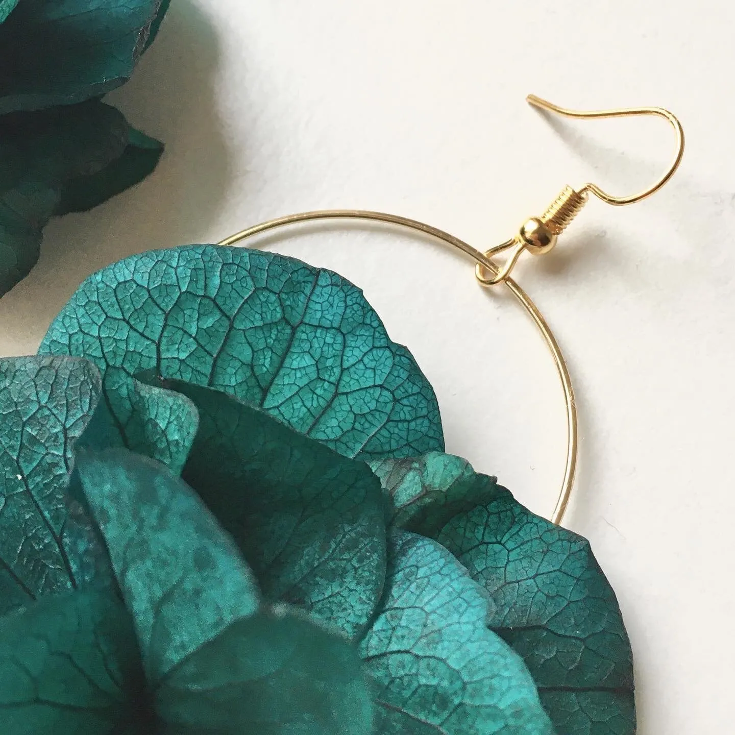 Emerald Green Gold Earrings Bridesmaids Gift, Bespoke Wedding Accessories, Real Flower Fine Jewellery UK, Flower Hoop Earrings Teal