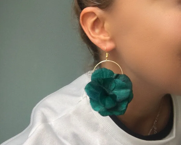 Emerald Green Gold Earrings Bridesmaids Gift, Bespoke Wedding Accessories, Real Flower Fine Jewellery UK, Flower Hoop Earrings Teal