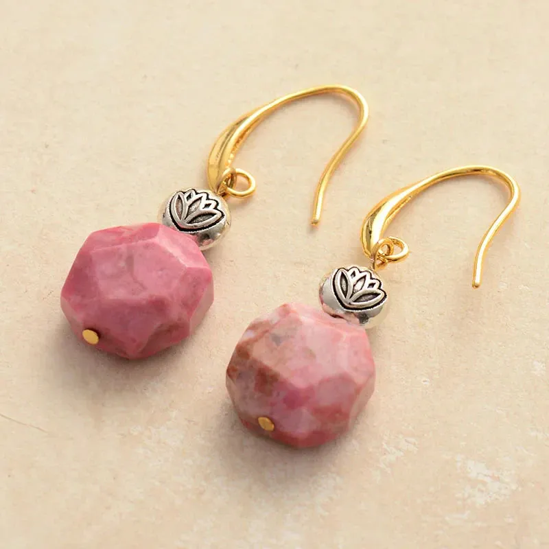 Exquisite Rhodonite Lotus Dangle Earrings | Bohemian Semi-Precious Stone Jewelry for Women