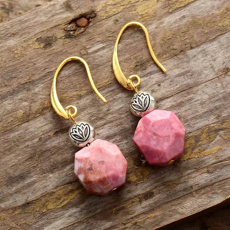 Exquisite Rhodonite Lotus Dangle Earrings | Bohemian Semi-Precious Stone Jewelry for Women
