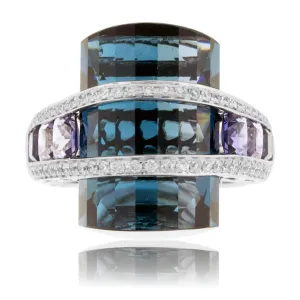 Fancy Cut London Blue Topaz with Iolite & Diamond Accents Ring