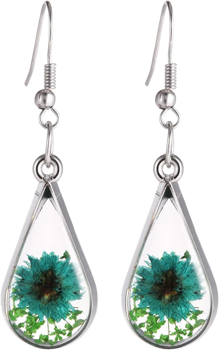 FM FM42 Red Turquoise Pressed Flowers Teardrop Drop Dangle Earrings Pendant Necklace Jewelry Set, 2 Colors
