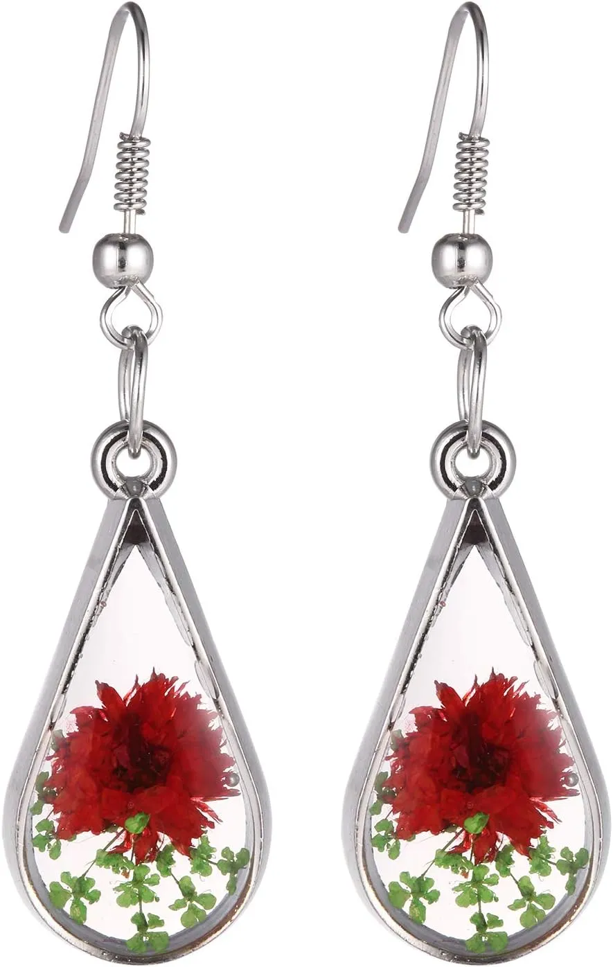 FM FM42 Red Turquoise Pressed Flowers Teardrop Drop Dangle Earrings Pendant Necklace Jewelry Set, 2 Colors