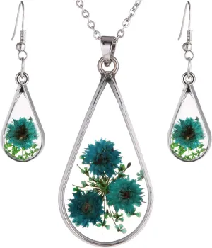 FM FM42 Red Turquoise Pressed Flowers Teardrop Drop Dangle Earrings Pendant Necklace Jewelry Set, 2 Colors