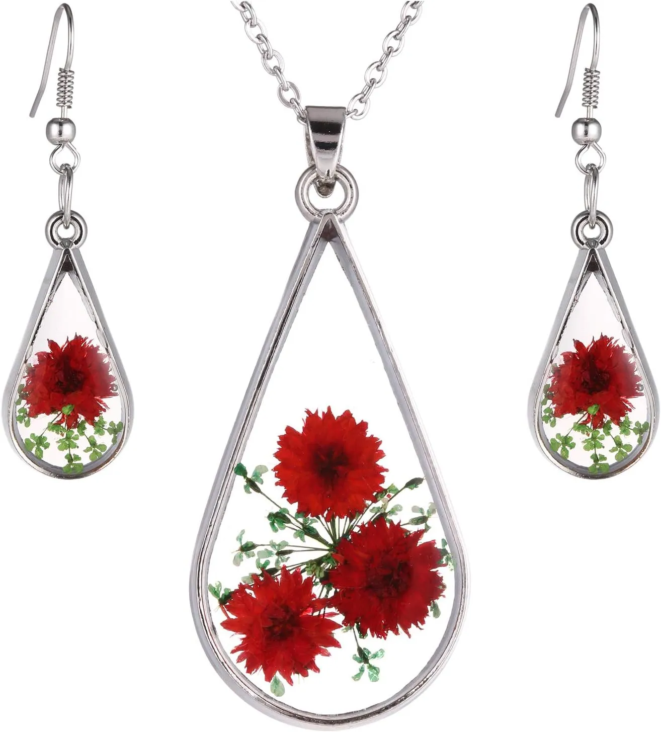 FM FM42 Red Turquoise Pressed Flowers Teardrop Drop Dangle Earrings Pendant Necklace Jewelry Set, 2 Colors