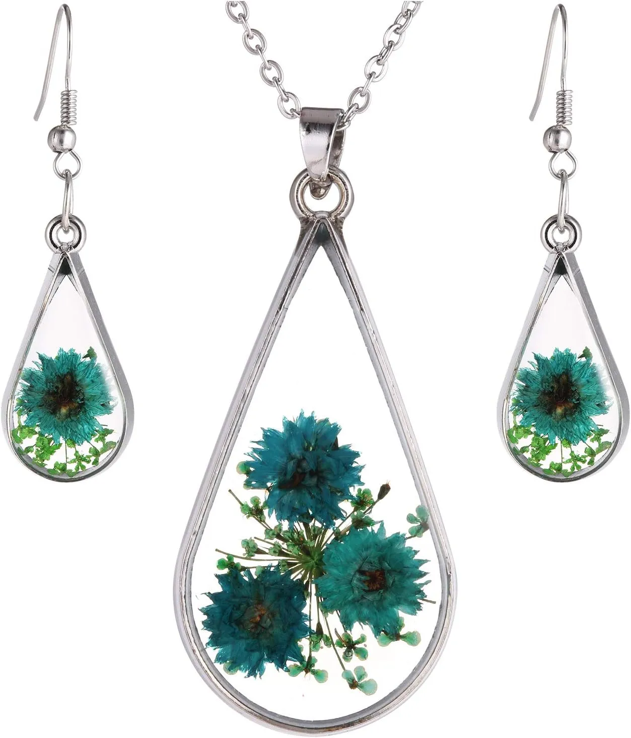 FM FM42 Red Turquoise Pressed Flowers Teardrop Drop Dangle Earrings Pendant Necklace Jewelry Set, 2 Colors
