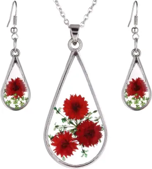 FM FM42 Red Turquoise Pressed Flowers Teardrop Drop Dangle Earrings Pendant Necklace Jewelry Set, 2 Colors