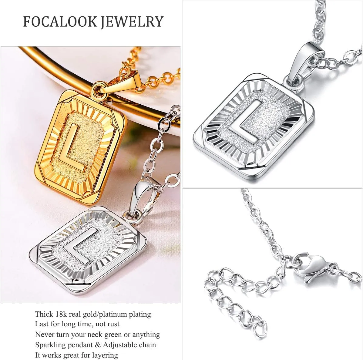 FOCALOOK Initial Necklace Rectangle Shaped 18K Gold Plated/Platinum Plated Capital A-Z Alphabet Necklace for Women 20 Inch  2 Inch