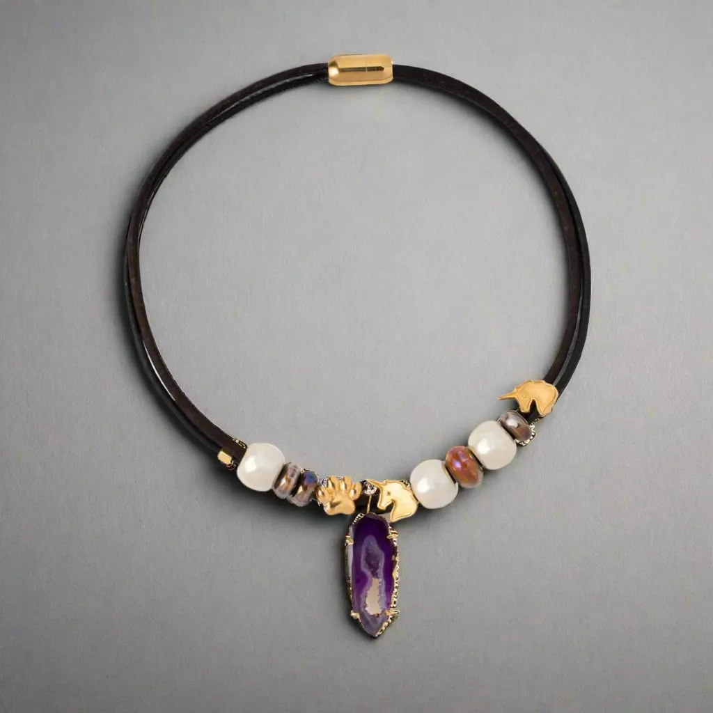 Forest Ceramic Necklace with 18K Gold Unicorn and Paw Accents