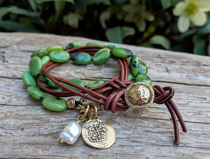 Forest Green Chrysoprase Coin Charm Wrap Bracelet-Necklace 2in1