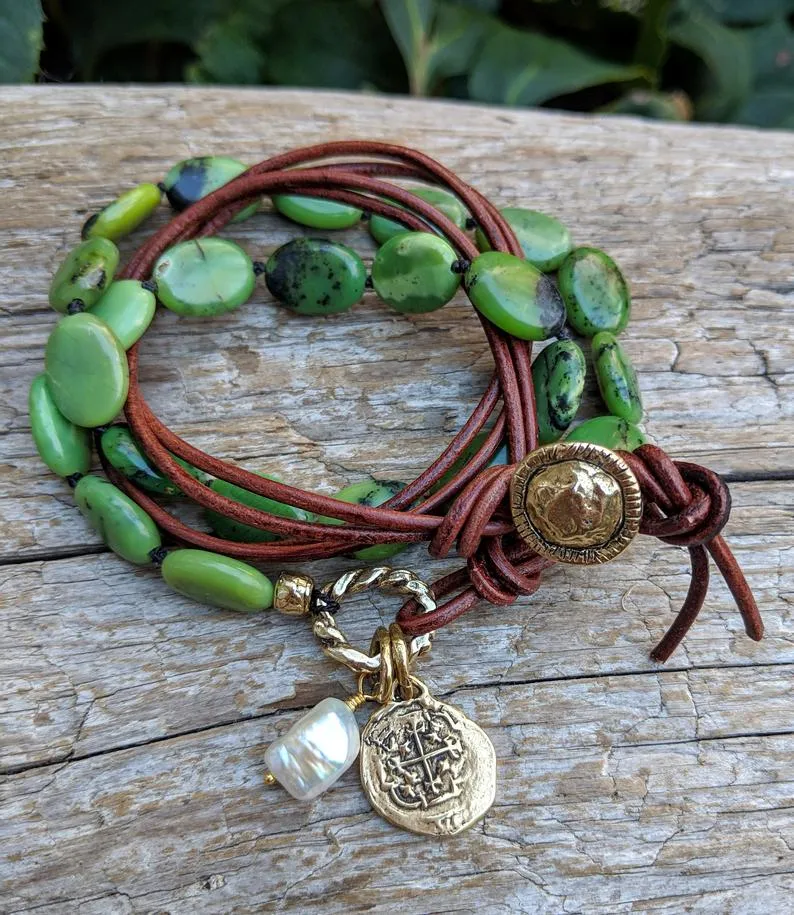 Forest Green Chrysoprase Coin Charm Wrap Bracelet-Necklace 2in1