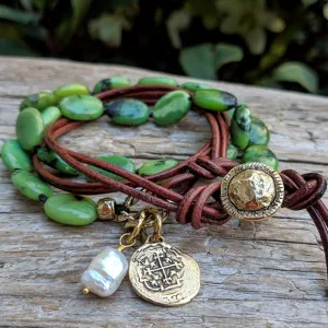 Forest Green Chrysoprase Coin Charm Wrap Bracelet-Necklace 2in1