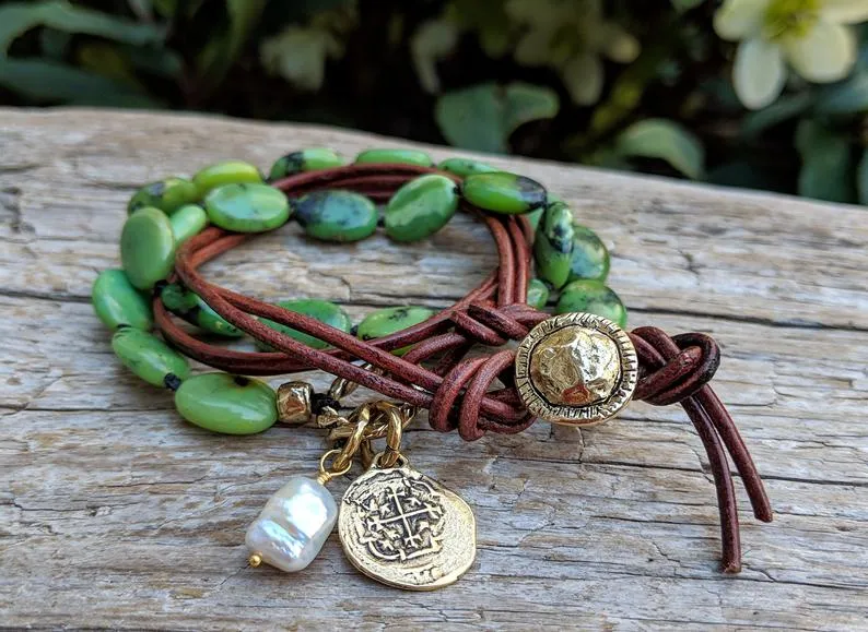 Forest Green Chrysoprase Coin Charm Wrap Bracelet-Necklace 2in1
