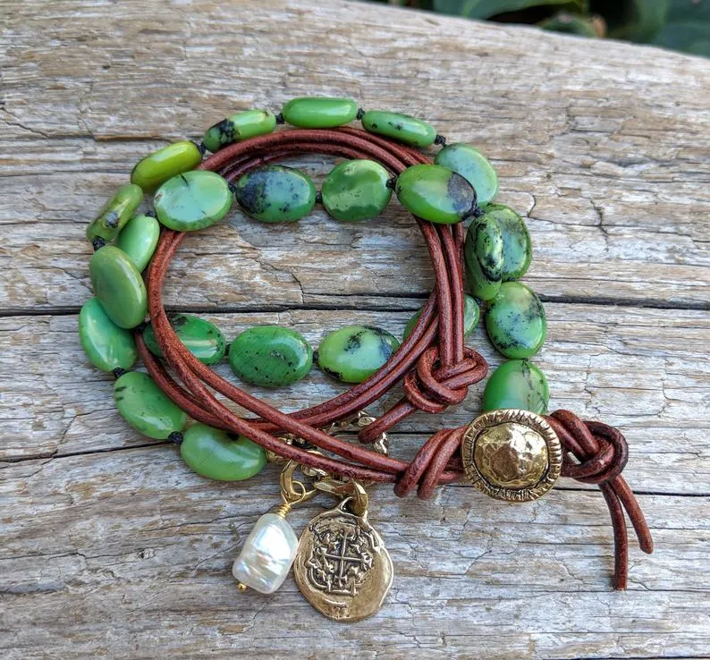Forest Green Chrysoprase Coin Charm Wrap Bracelet-Necklace 2in1