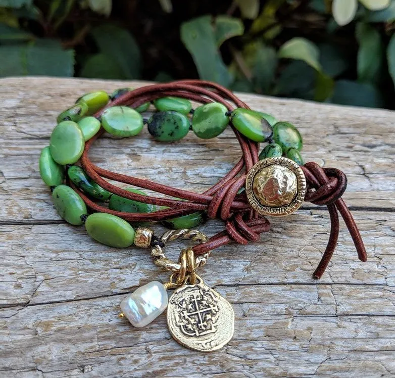 Forest Green Chrysoprase Coin Charm Wrap Bracelet-Necklace 2in1