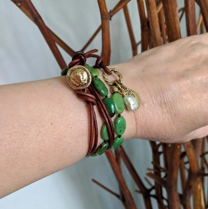 Forest Green Chrysoprase Coin Charm Wrap Bracelet-Necklace 2in1