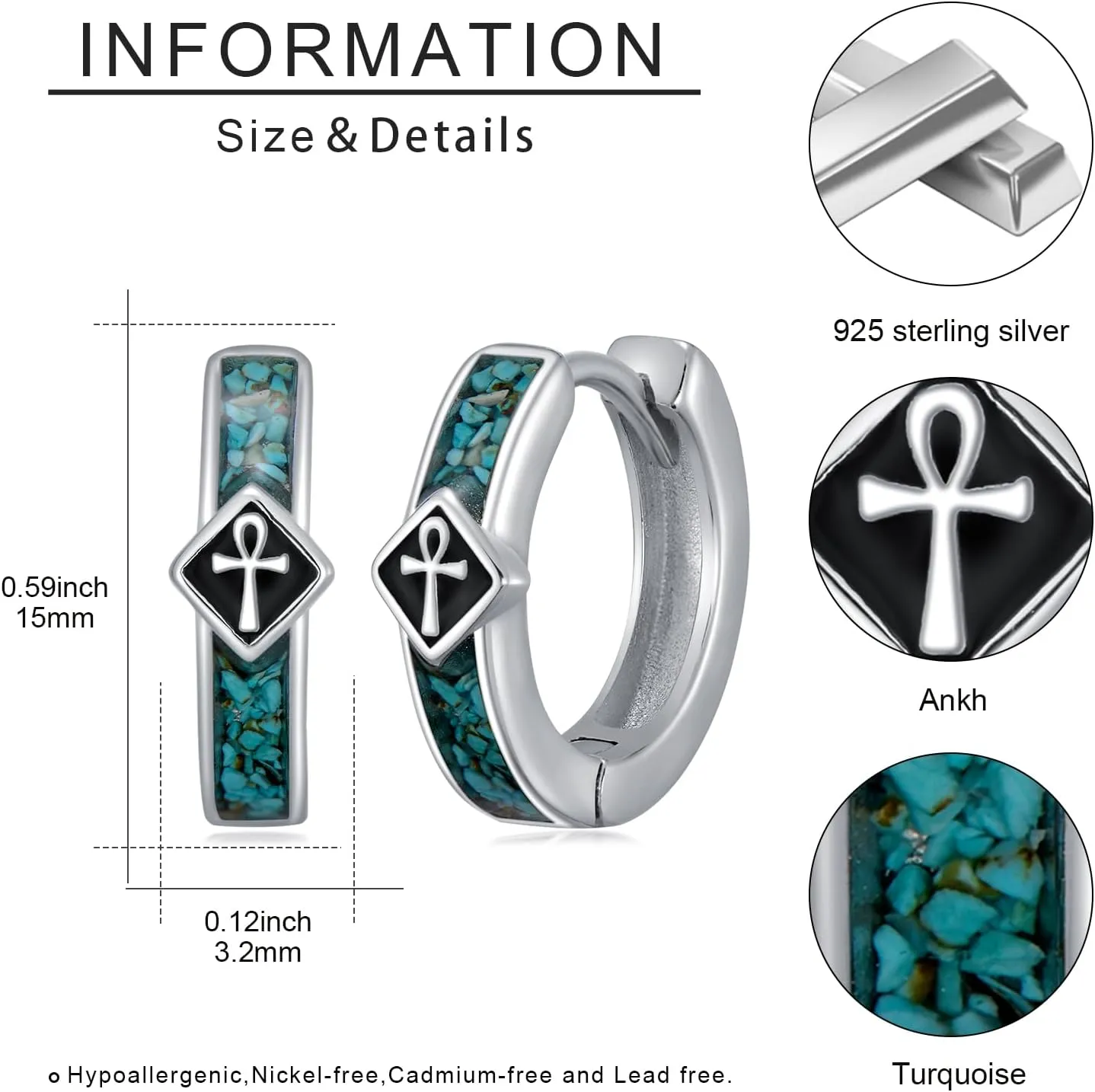 Gemstones/Viking/Celtic/Cross Hoop Earrings for Men Women 925 Sterling Silver 15mm Huggie Earrings for Sensitive Ears Jewelry Birthday Gifts